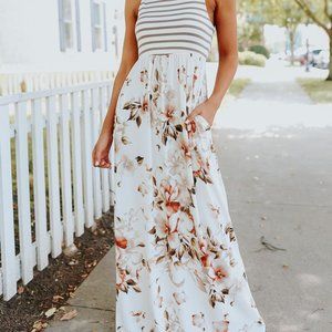 NEW- “Summer Nights” White Striped Floral Print Sleeveless Maxi Dress w/ Pockets